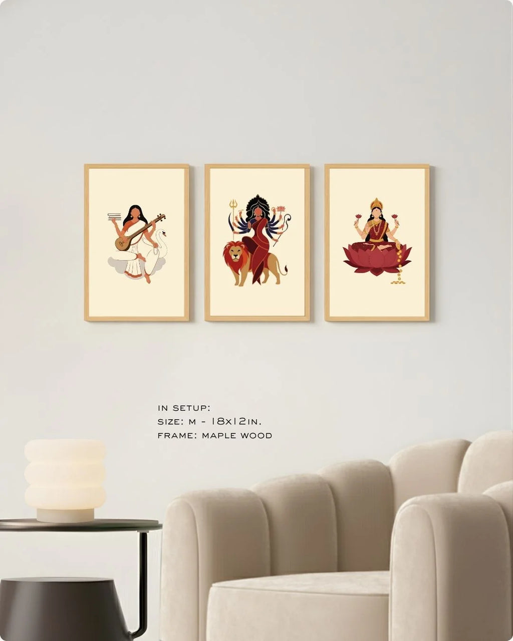 Medium (Size M) 3-piece minimalist spiritual art set in Maple Wood frames, demonstrating mid-range scale for home offices or hallway decor.