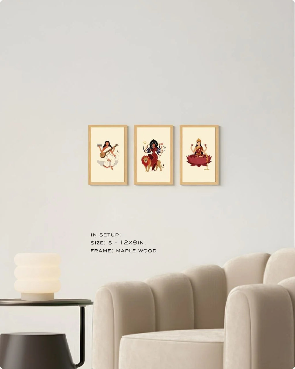 Small (Size S) 3-piece Divine Goddess print set in Maple Wood frames, showcasing a compact yet impactful spiritual gallery wall arrangement.