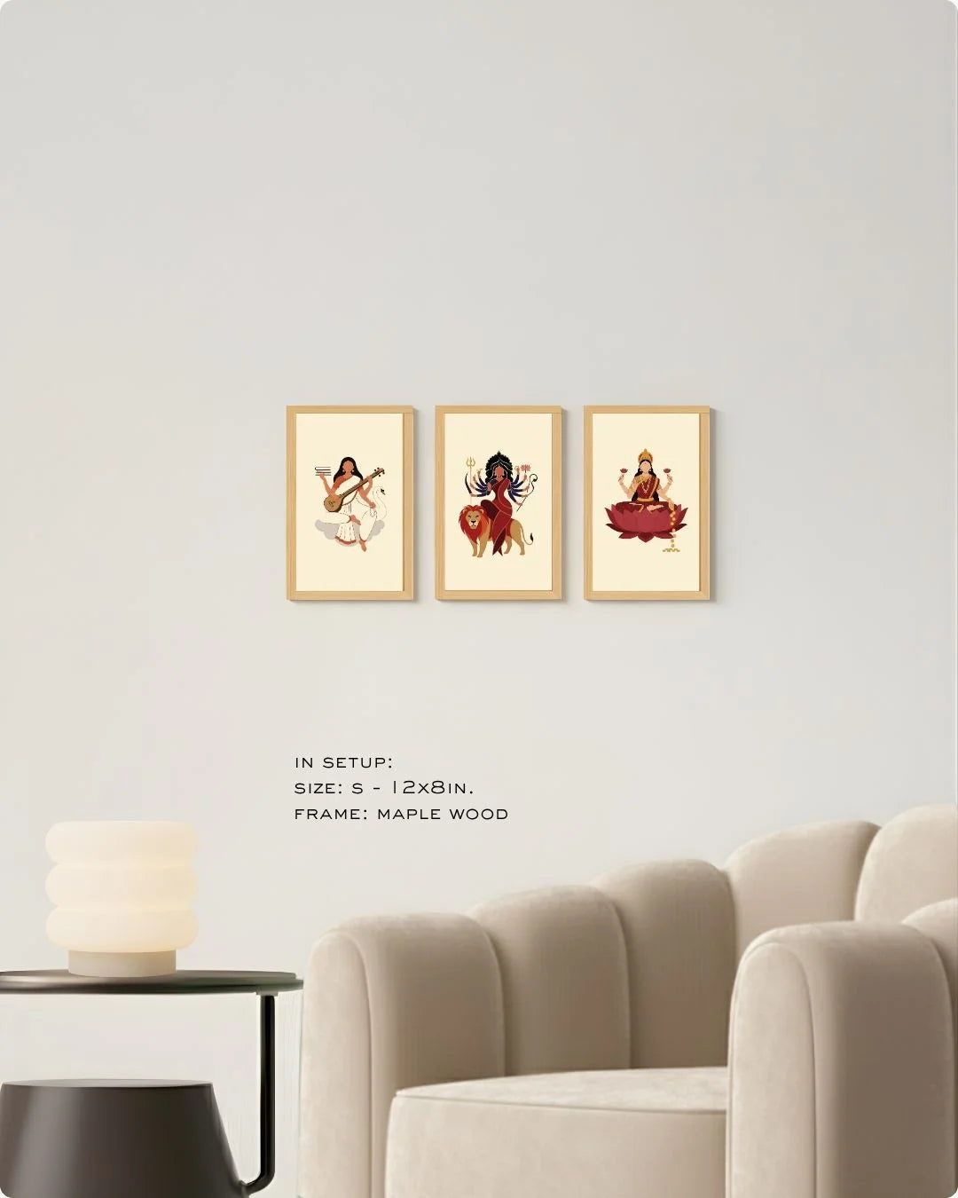 Small (Size S) 3-piece Divine Goddess print set in Maple Wood frames, showcasing a compact yet impactful spiritual gallery wall arrangement.