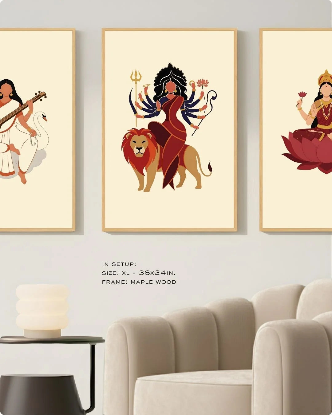 Extra Large (Size XL) 3-piece Divine Goddess gallery wall in Maple Wood frames, demonstrating a monumental statement scale above a sofa.