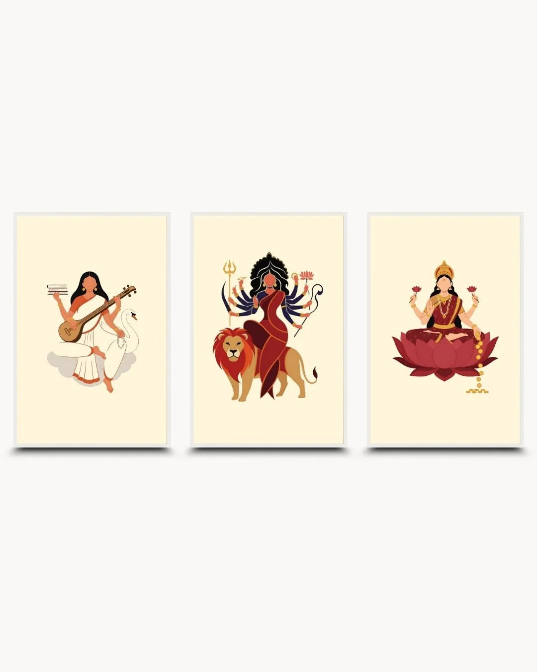 K2C Co. Divine Goddess Collection (Saraswati, Durga, Laxmi) in Moon White frames. Clean silhouette spiritual gallery wall set for serene interiors.