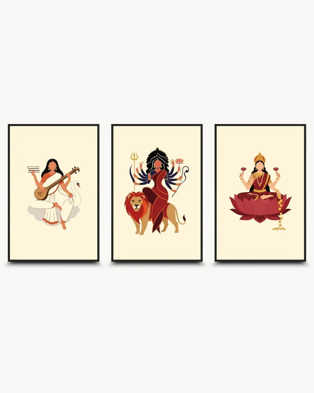 3-piece Divine Goddess Collection set featuring Saraswati, Durga, and Laxmi in 0.5-inch Noir Black frames. Minimalist Hindu spiritual wall art for modern homes.