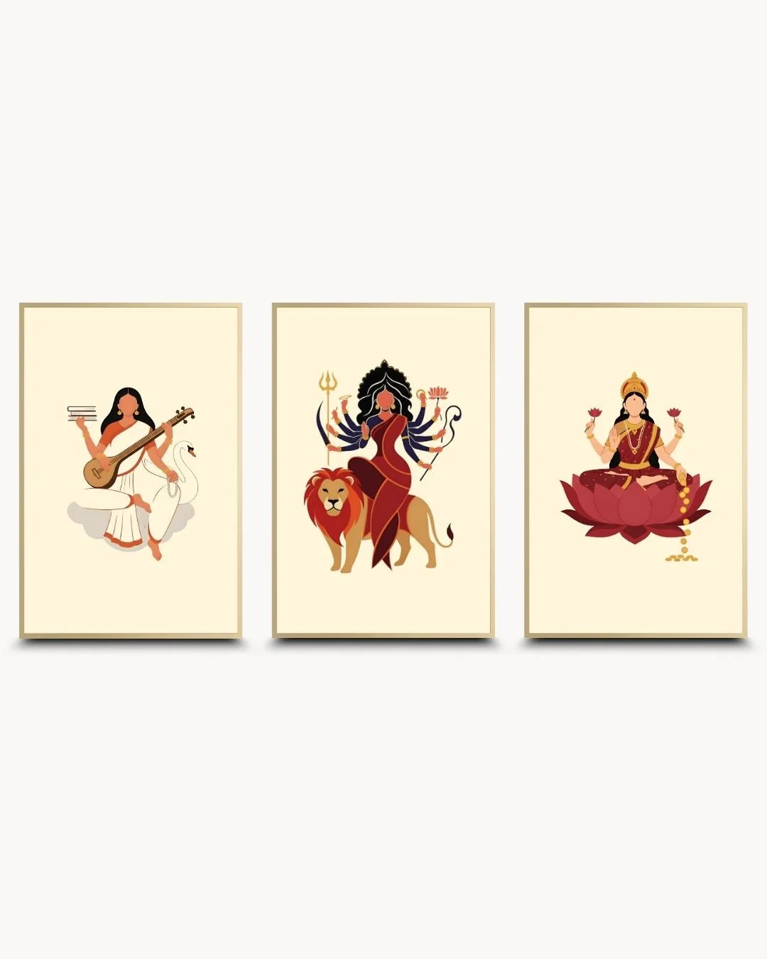 Premium 3-piece Goddess Collection set in 0.5-inch Satin Gold frames. Luxury minimalist Saraswati, Durga, and Laxmi wall art by K2C Co.