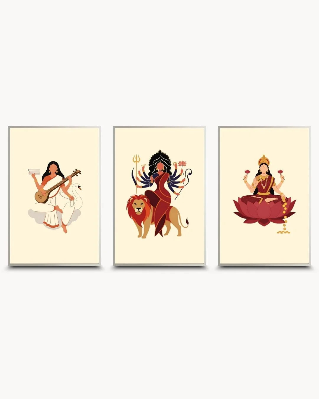 Contemporary 3-piece Divine Goddess gallery set in sleek Satin Silver frames. Sophisticated Hindu architectural art for modern urban homes.