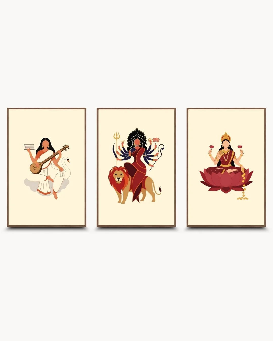 Sophisticated 3-piece Divine Goddess triptych in warm Walnut Wood frames. High-contrast modern Hindu spiritual art collection for premium interiors.