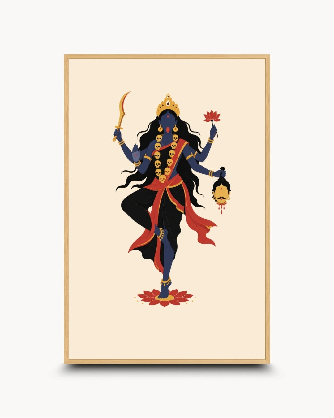 Minimalist illustration of the Hindu Goddess Kali, presented as a modern wall art piece in a light maple wood frame.