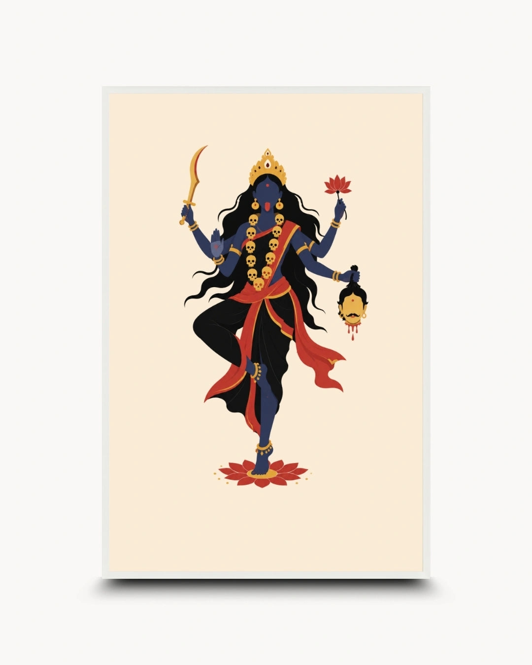 Minimalist illustration of the Hindu Goddess Kali, presented as a modern wall art piece in a clean moon white frame.