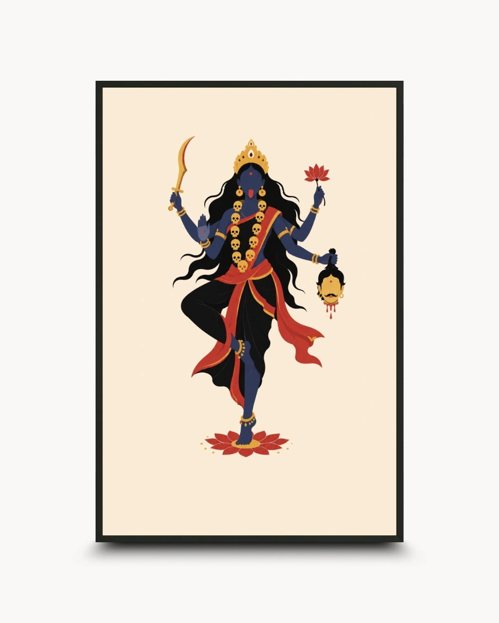 Minimalist illustration of the Hindu Goddess Kali, presented as a modern wall art piece in a sleek noir black frame.
