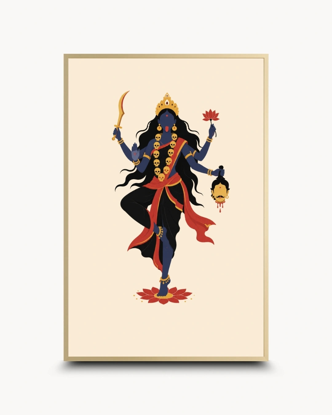 Minimalist illustration of the Hindu Goddess Kali, presented as a modern wall art piece in an elegant satin gold frame.