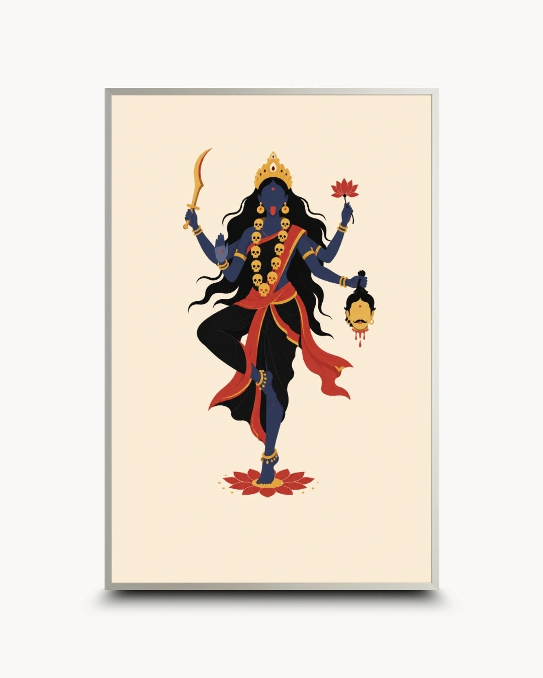 Minimalist illustration of the Hindu Goddess Kali, presented as a modern wall art piece in a modern satin silver frame.