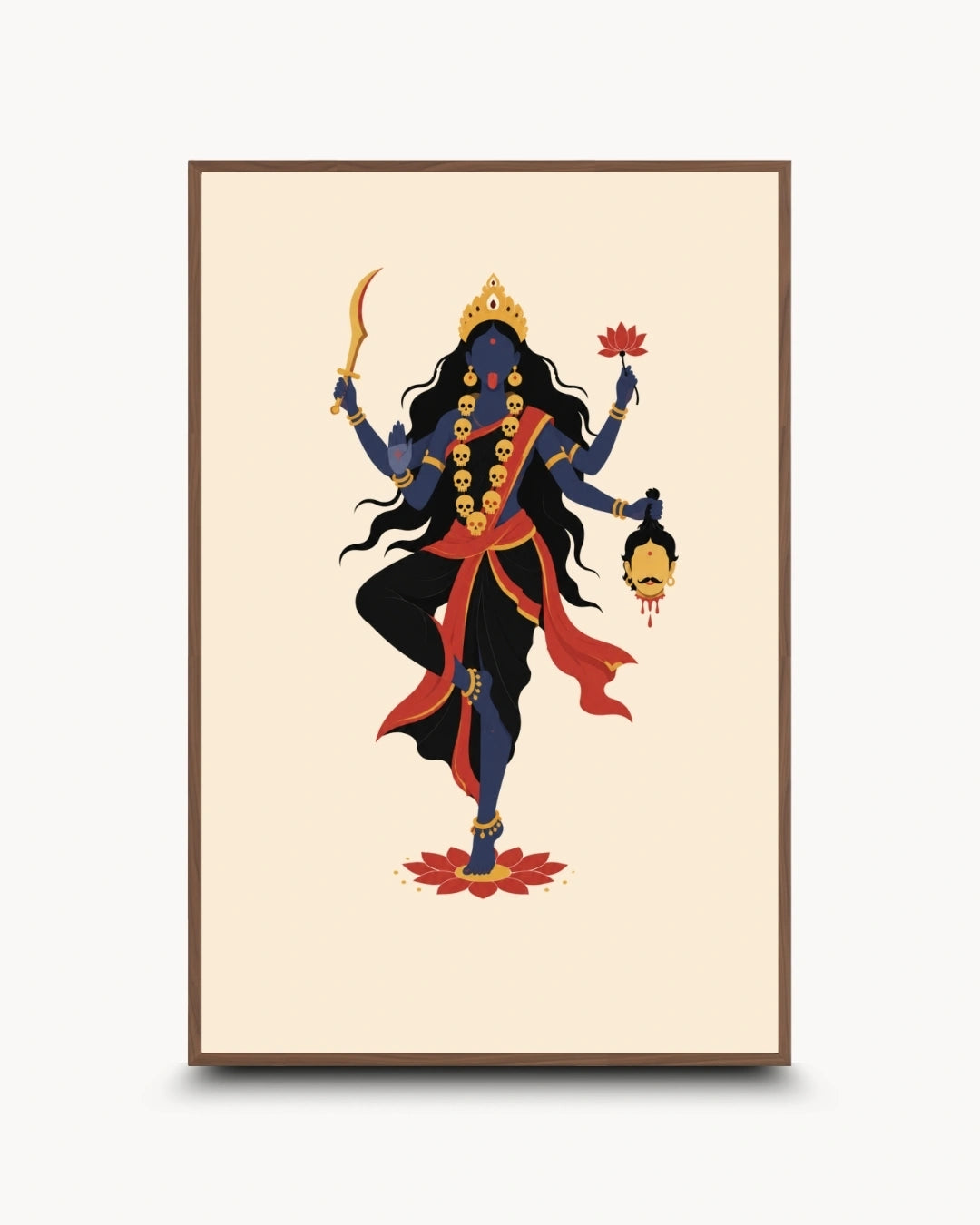 Minimalist illustration of the Hindu Goddess Kali, presented as a modern wall art piece in a rich walnut wood frame.