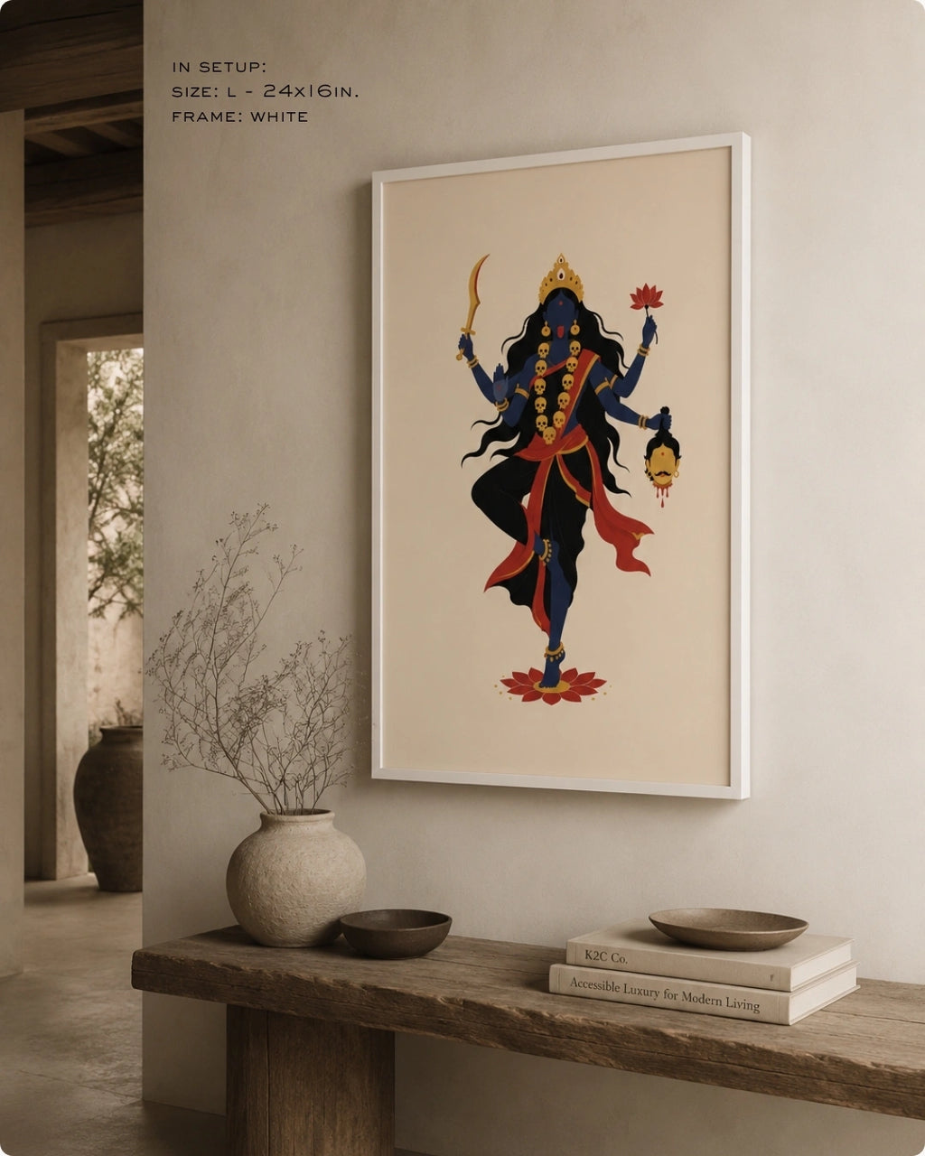 Lifestyle mockup of the minimalist Hindu Goddess Kali wall art in a clean white frame, displayed over a rustic wooden bench in a serene space.