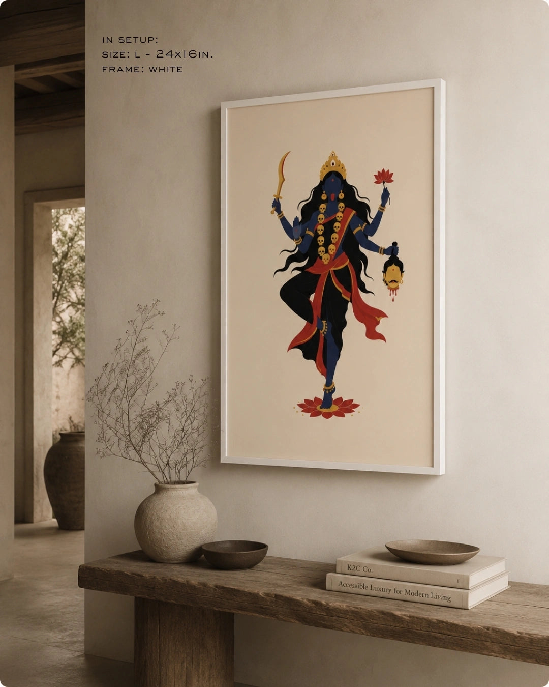 Lifestyle mockup of the minimalist Hindu Goddess Kali wall art in a clean white frame, displayed over a rustic wooden bench in a serene space.