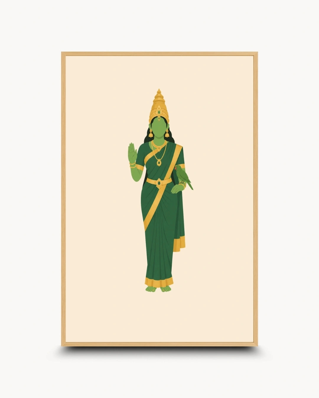 Minimalist illustration of the Hindu Goddess Meenakshi holding her sacred parrot, presented as a modern wall art piece in a light maple wood frame.