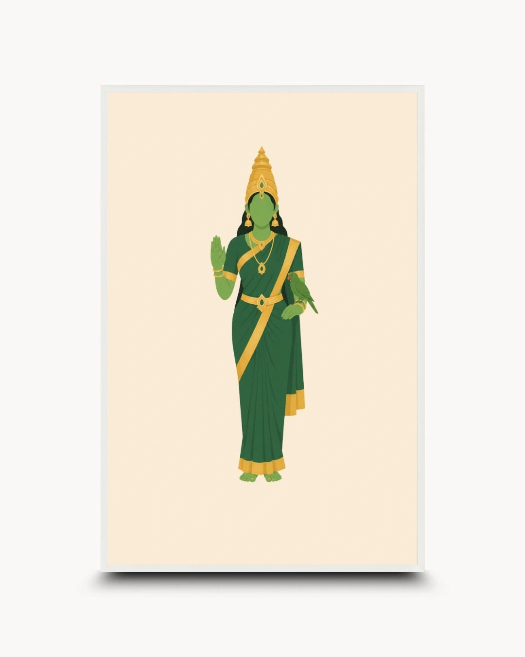 Minimalist illustration of the Hindu Goddess Meenakshi holding her sacred parrot, presented as a modern wall art piece in a clean moon white frame.