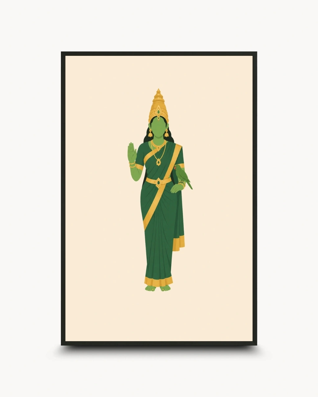 Minimalist illustration of the Hindu Goddess Meenakshi holding her sacred parrot, presented as a modern wall art piece in a sleek noir black frame.