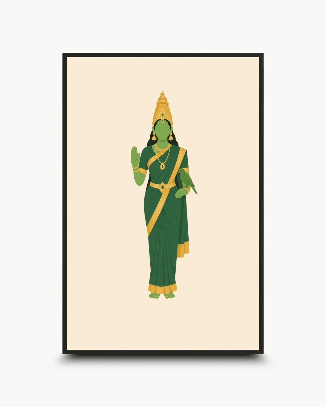 Minimalist illustration of the Hindu Goddess Meenakshi holding her sacred parrot, presented as a modern wall art piece in a sleek noir black frame.