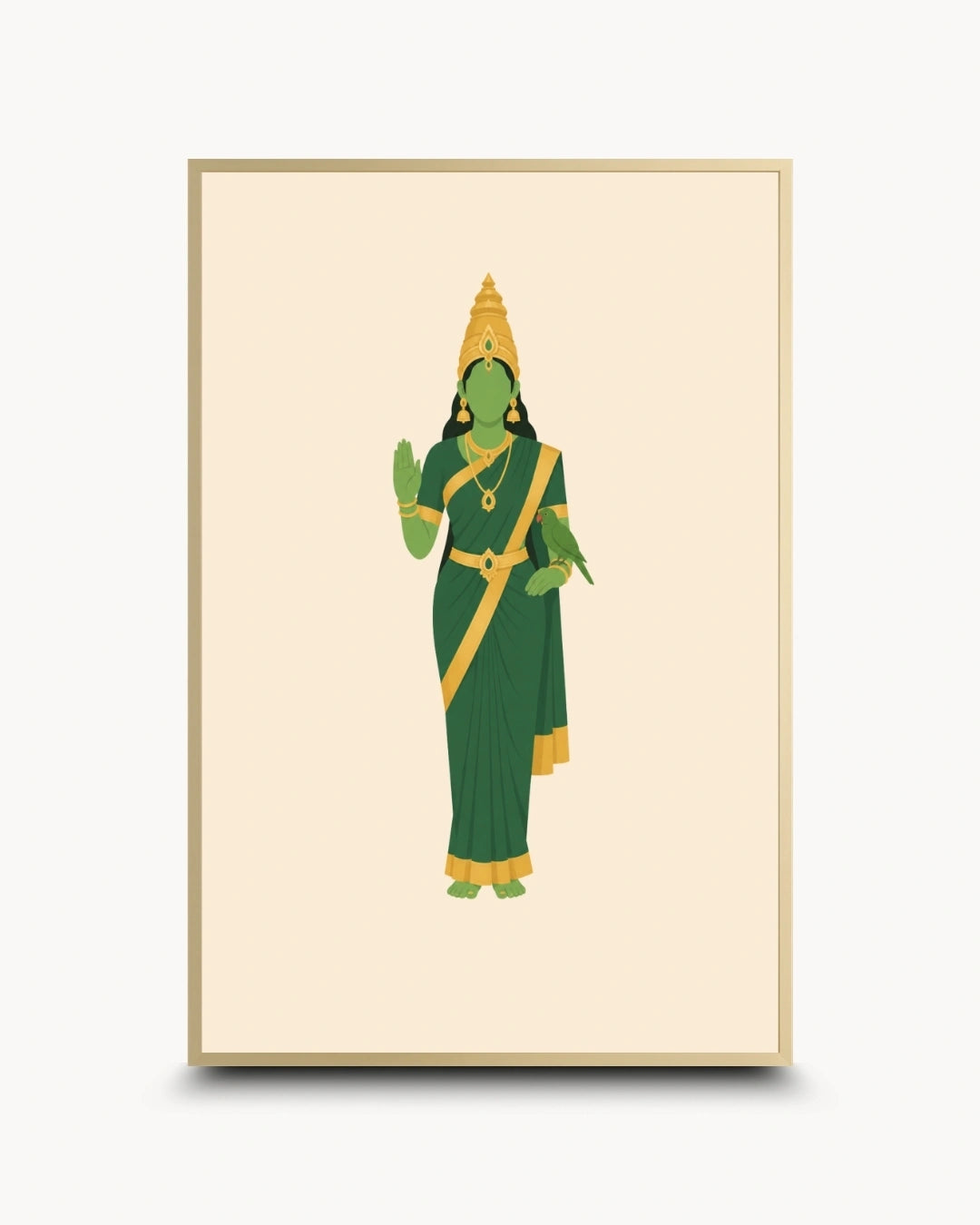 Minimalist illustration of the Hindu Goddess Meenakshi holding her sacred parrot, presented as a modern wall art piece in an elegant satin gold frame.