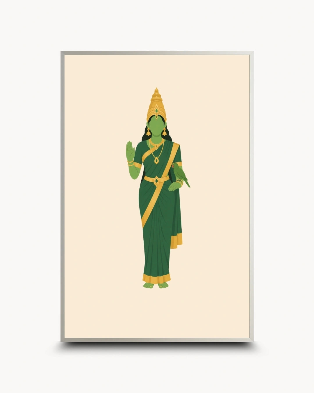 Minimalist illustration of the Hindu Goddess Meenakshi holding her sacred parrot, presented as a modern wall art piece in a modern satin silver frame.