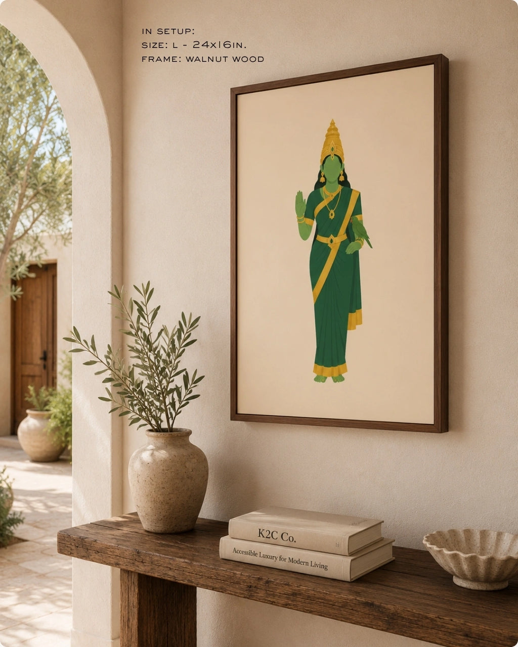 Lifestyle mockup of the minimalist Hindu Goddess Meenakshi wall art in a rich walnut wood frame, styled above a rustic wooden console table with wabi-sabi pottery in an arched hallway.
