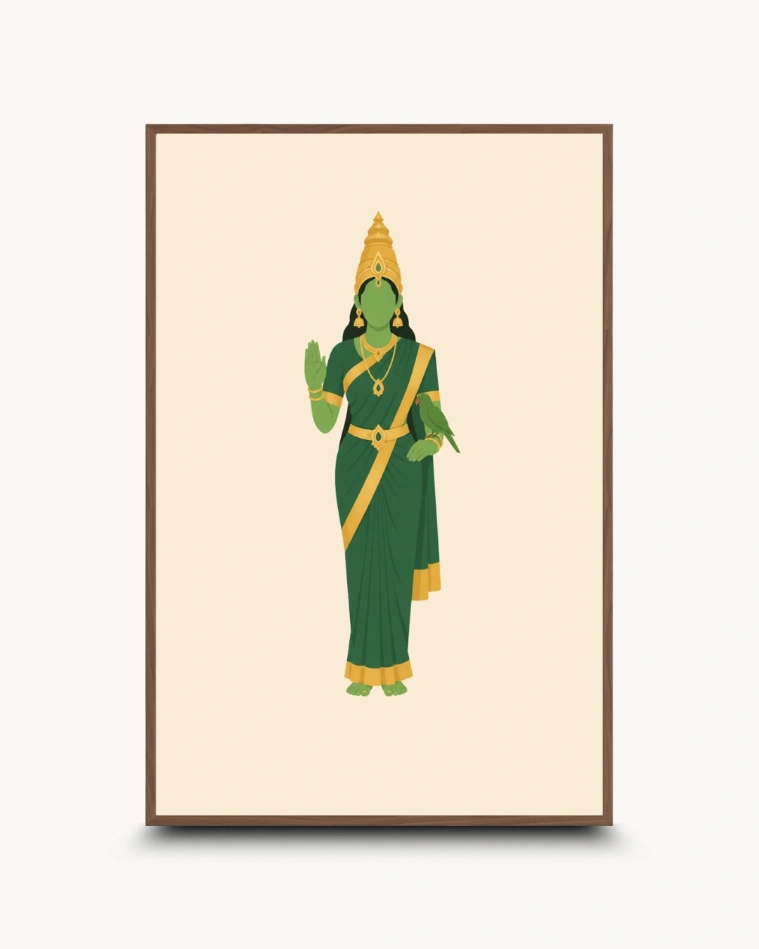 Minimalist illustration of the Hindu Goddess Meenakshi holding her sacred parrot, presented as a modern wall art piece in a rich walnut wood frame.