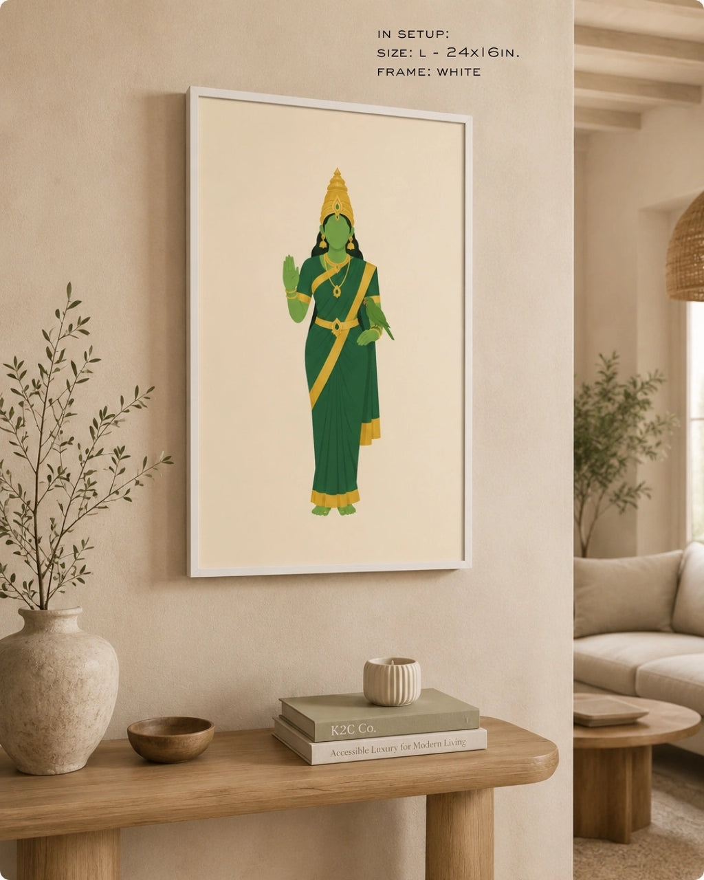 Lifestyle mockup of the minimalist Hindu Goddess Meenakshi wall art in a clean white frame, styled above a modern curved wooden console in a serene, minimalist space.