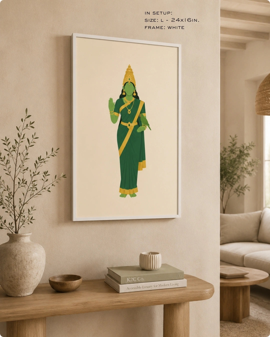 Lifestyle mockup of the minimalist Hindu Goddess Meenakshi wall art in a clean white frame, styled above a modern curved wooden console in a serene, minimalist space.