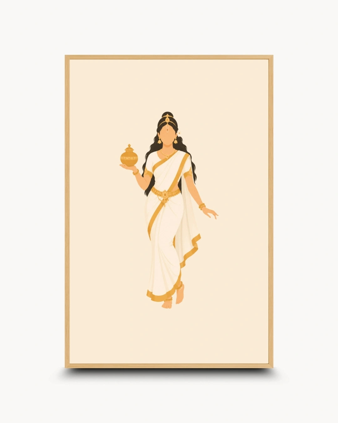 Minimalist illustration of the Hindu Goddess Mohini holding the sacred pot of Amrita, presented as a modern wall art piece in a light maple wood frame.