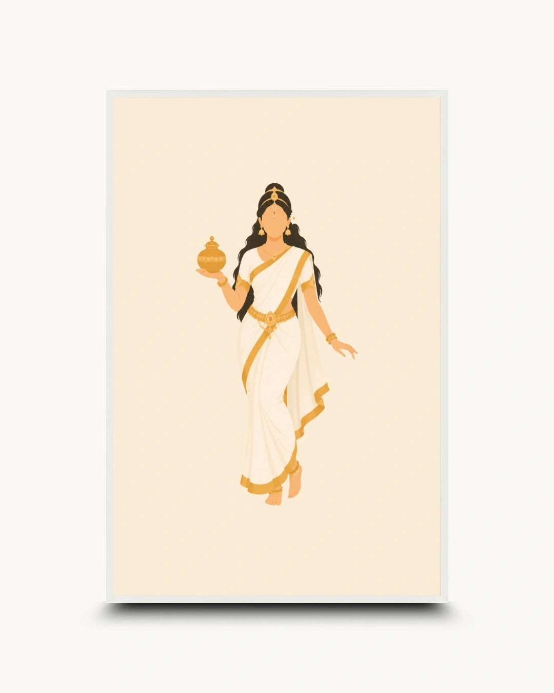 Minimalist illustration of the Hindu Goddess Mohini holding the sacred pot of Amrita, presented as a modern wall art piece in a clean moon white frame.