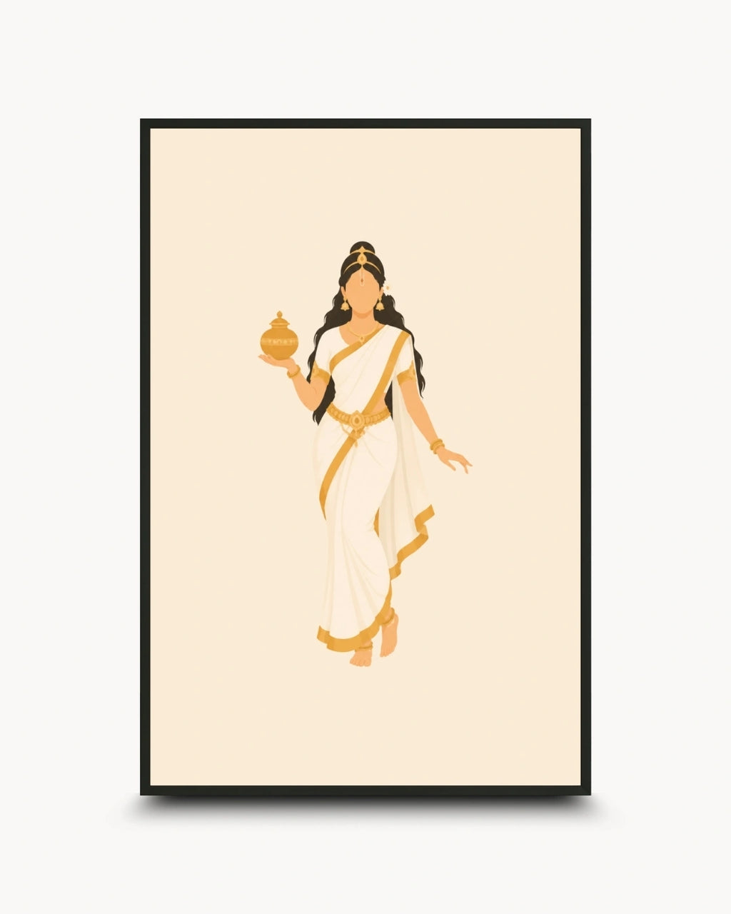 Minimalist illustration of the Hindu Goddess Mohini holding the sacred pot of Amrita, presented as a modern wall art piece in a sleek noir black frame.