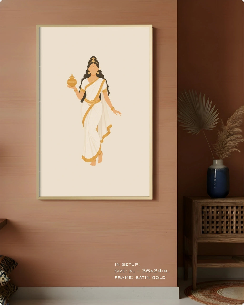 Visual size guide mockup for the Hindu Goddess Mohini wall art in Extra Large size with a satin gold frame, displayed against a warm terracotta accent wall.