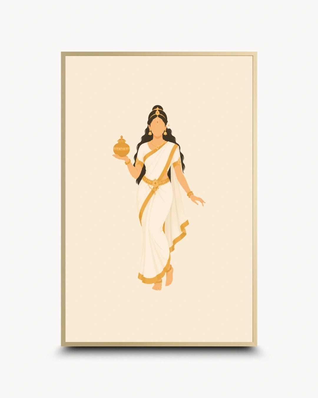 Minimalist illustration of the Hindu Goddess Mohini holding the sacred pot of Amrita, presented as a modern wall art piece in an elegant satin gold frame.