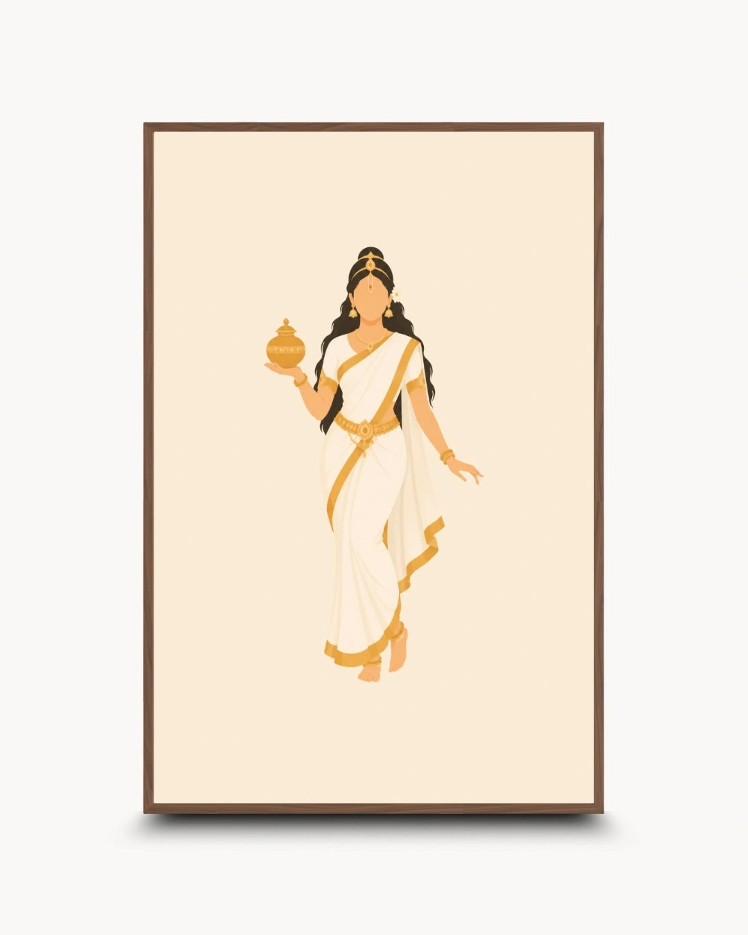 Minimalist illustration of the Hindu Goddess Mohini holding the sacred pot of Amrita, presented as a modern wall art piece in a rich walnut wood frame.