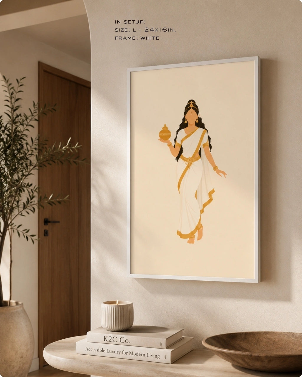 Lifestyle mockup of the minimalist Hindu Goddess Mohini wall art in a clean white frame, styled above a modern curved light wood console in a serene, minimalist space.