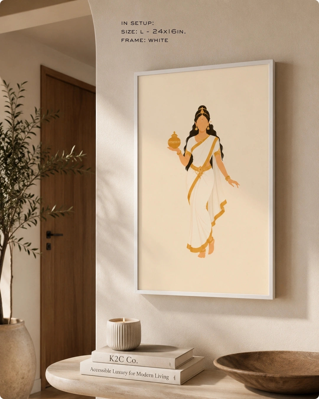 Lifestyle mockup of the minimalist Hindu Goddess Mohini wall art in a clean white frame, styled above a modern curved light wood console in a serene, minimalist space.