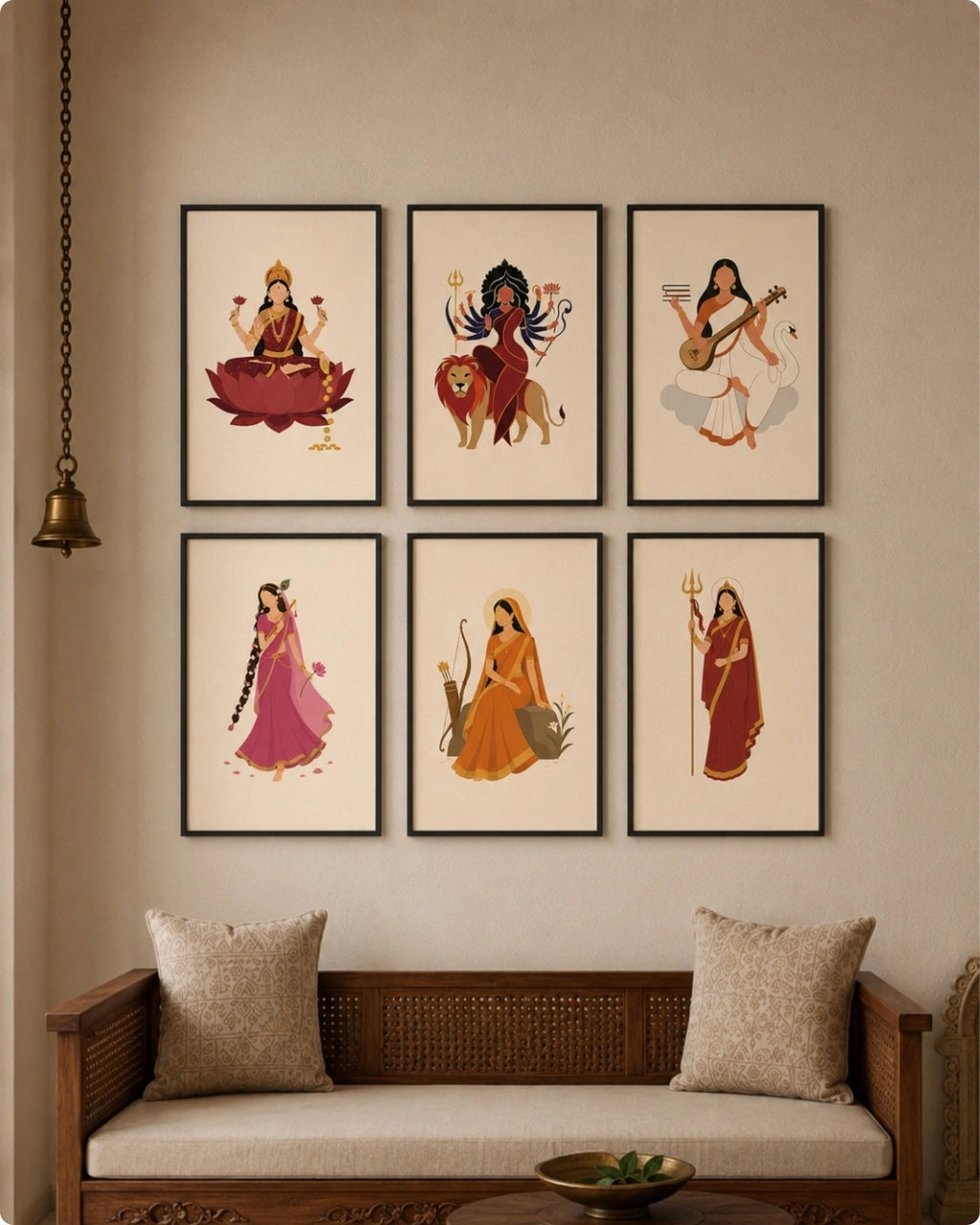 Lifestyle mockup of the 6-piece Goddess wall art set in sleek black frames styled as a beautiful gallery wall grid above a modern beige sofa.
