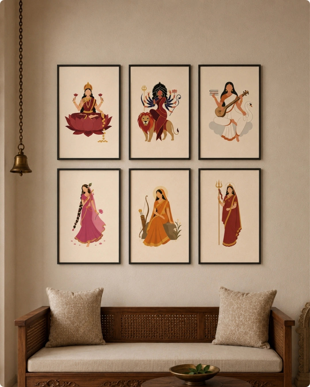 Lifestyle mockup of the 6-piece Goddess wall art set in sleek black frames styled as a beautiful gallery wall grid above a modern beige sofa.