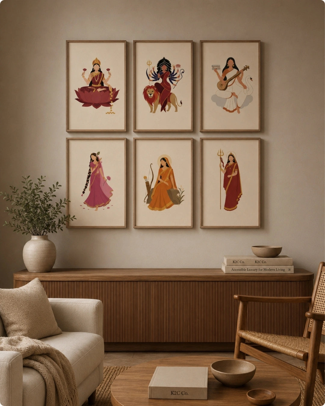 Lifestyle mockup of the 6-piece Goddess wall art set in light maple wood frames displayed perfectly above a wooden media console in a warm living room.
