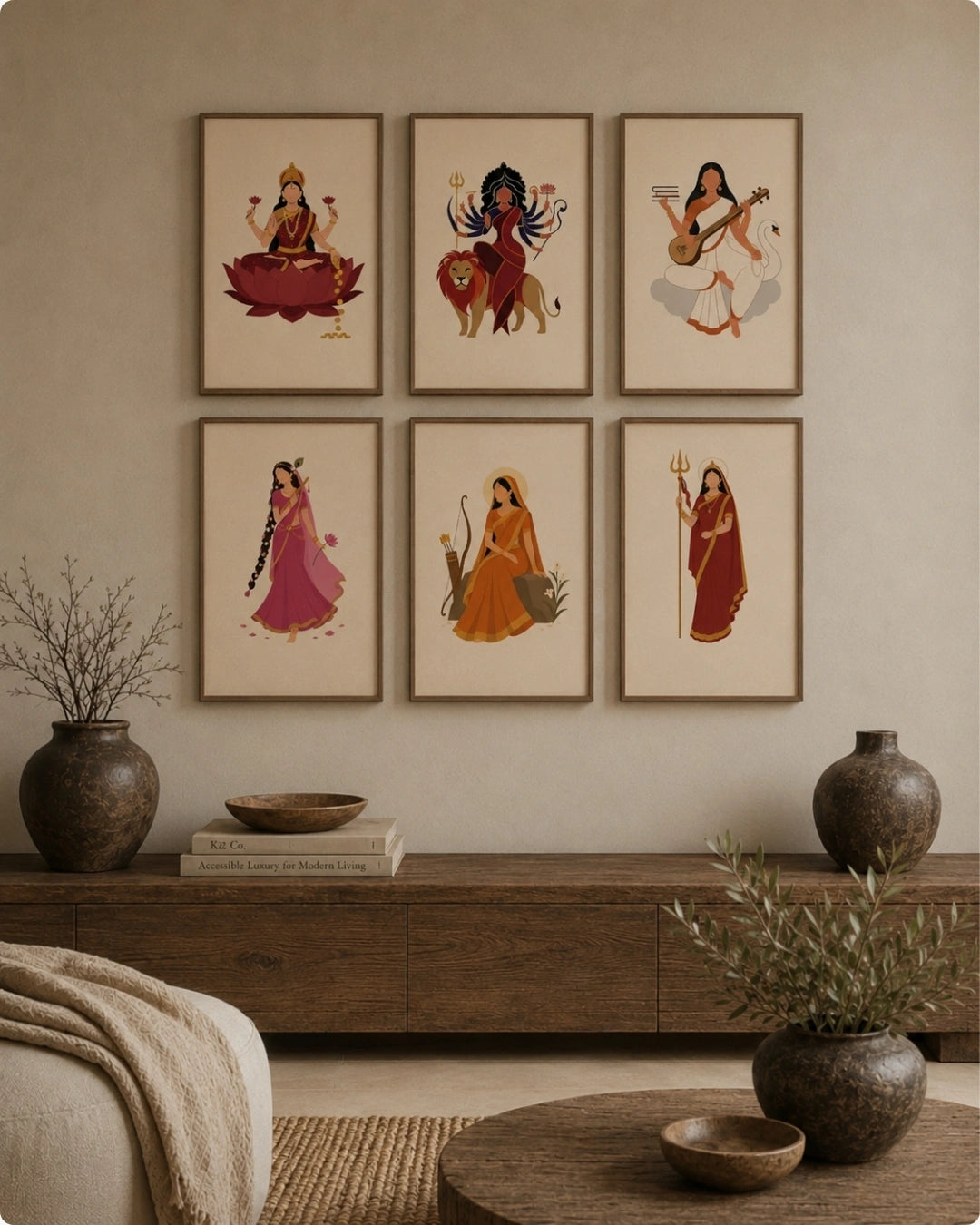 Lifestyle mockup of the 6-piece Goddess wall art set in rich walnut wood frames styled above a low wooden cabinet adorned with rustic, earthy pottery.