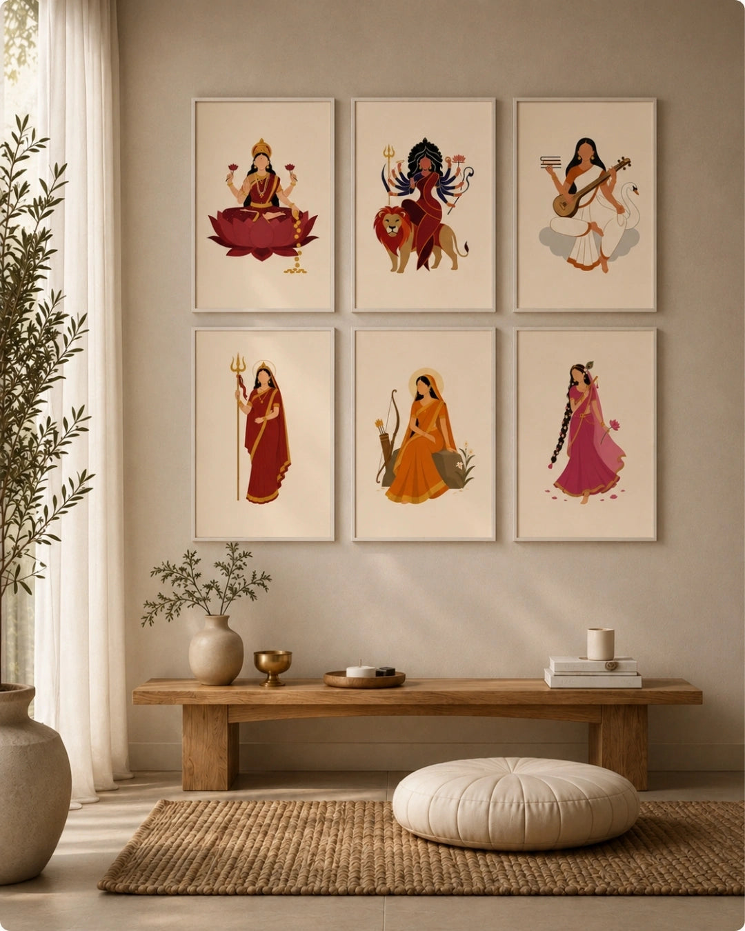 Lifestyle interior mockup of the 6-piece Goddess wall art set in clean white frames hung evenly over a wooden bench with natural greenery and a floor cushion.
