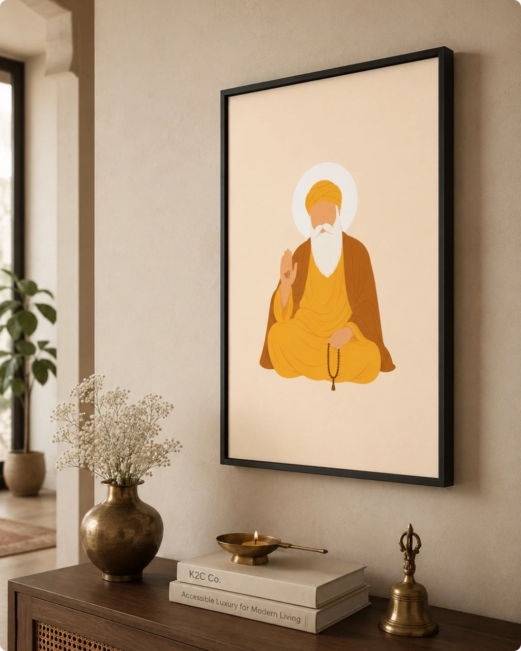 Lifestyle mockup of the minimalist Sikh founder Guru Nanak Dev Ji wall art in a sleek black frame, displayed over a dark traditional console with brass decor in a serene hallway.