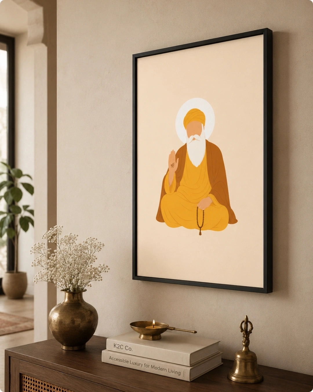 Lifestyle mockup of the minimalist Sikh founder Guru Nanak Dev Ji wall art in a sleek black frame, displayed over a dark traditional console with brass decor in a serene hallway.
