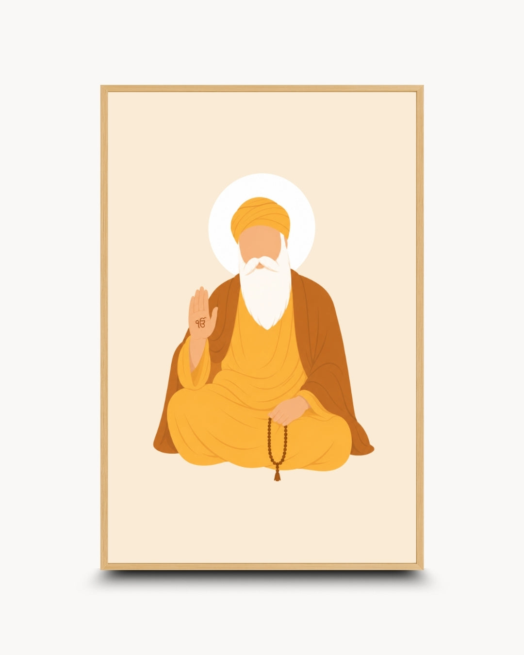 Minimalist illustration of the Sikh founder Guru Nanak Dev Ji, presented as a modern wall art piece in a light maple wood frame.