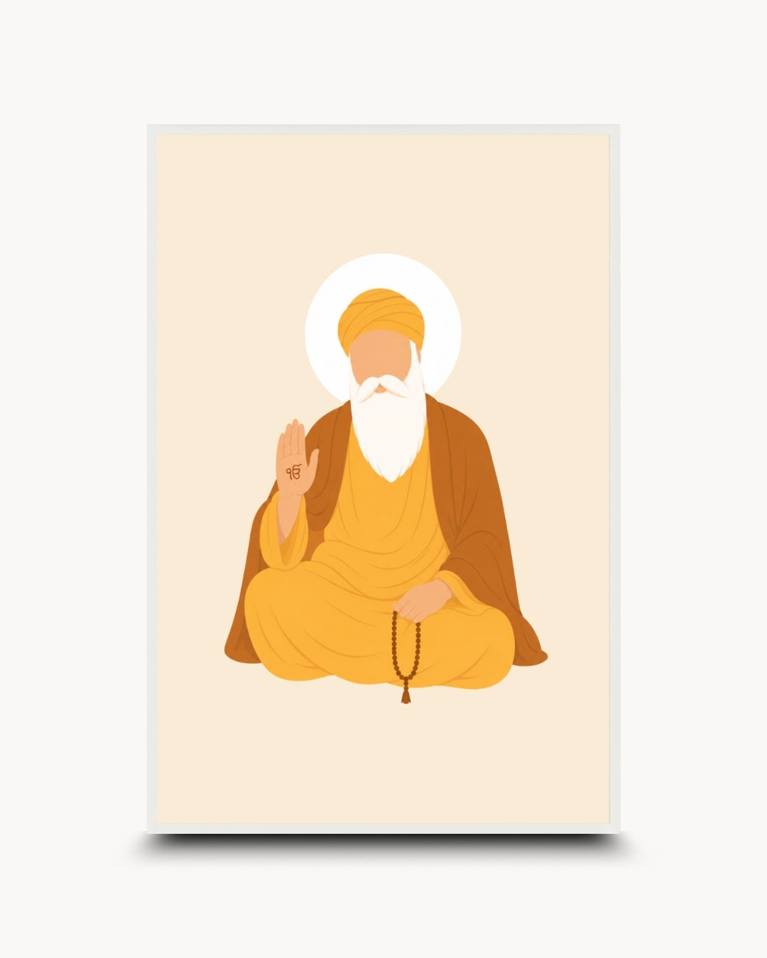 Minimalist illustration of the Sikh founder Guru Nanak Dev Ji, presented as a modern wall art piece in a clean moon white frame.