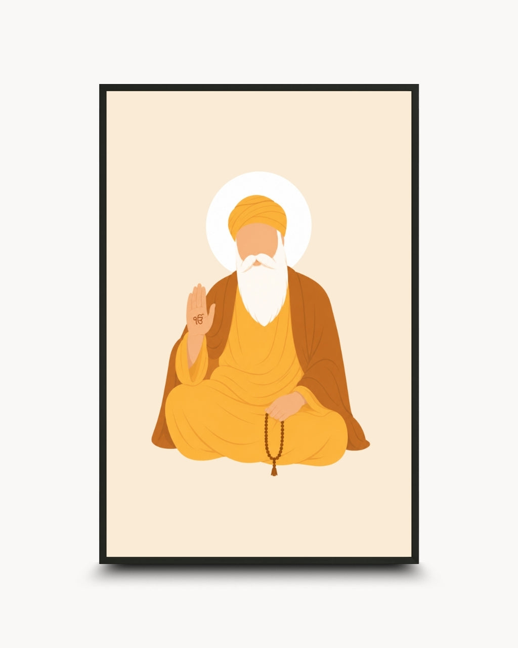 Minimalist illustration of the Sikh founder Guru Nanak Dev Ji, presented as a modern wall art piece in a sleek noir black frame.