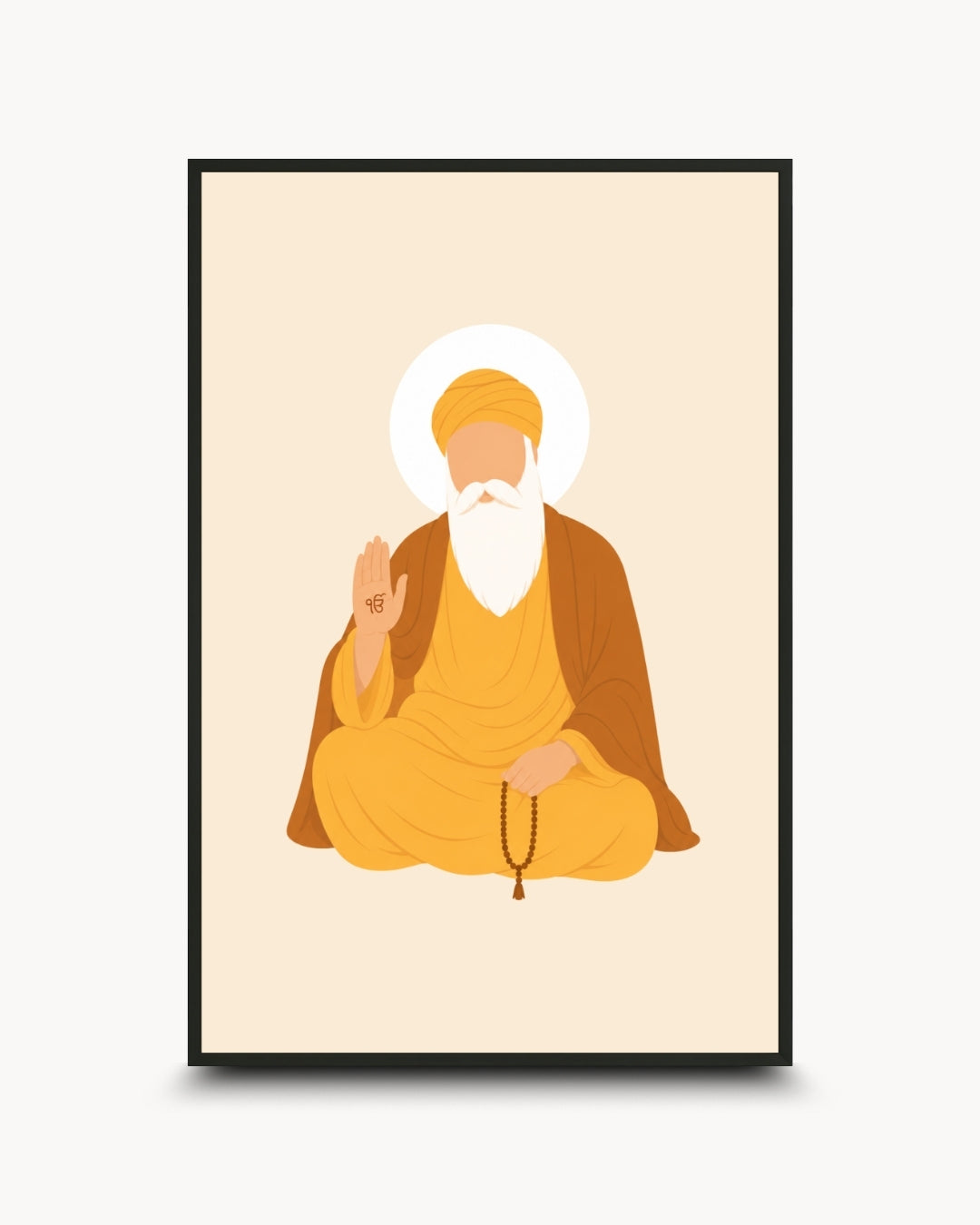 Minimalist illustration of the Sikh founder Guru Nanak Dev Ji, presented as a modern wall art piece in a sleek noir black frame.