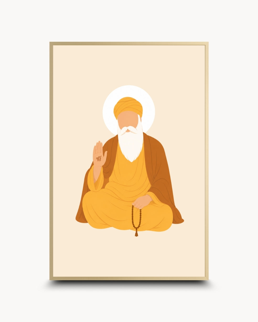 Minimalist illustration of the Sikh founder Guru Nanak Dev Ji, presented as a modern wall art piece in an elegant satin gold frame.