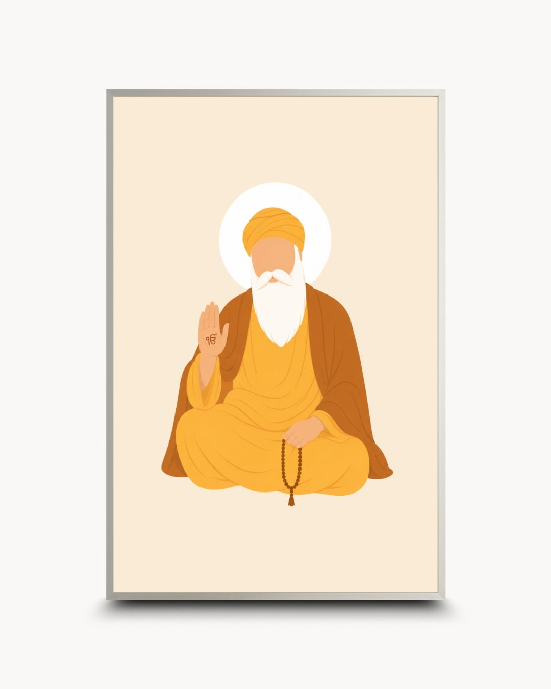 Minimalist illustration of the Sikh founder Guru Nanak Dev Ji, presented as a modern wall art piece in a modern satin silver frame.