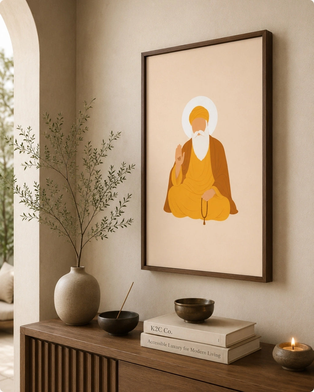 Lifestyle interior mockup of the Sikh founder Guru Nanak Dev Ji wall art in a rich walnut wood frame, hung above a dark slatted console adorned with wabi-sabi pottery and greenery.