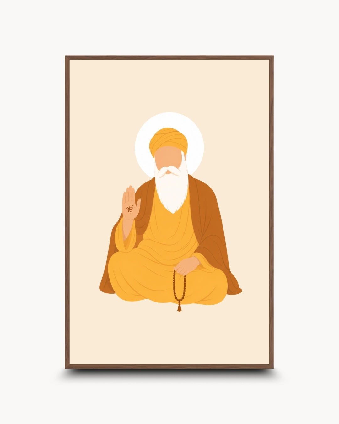 Minimalist illustration of the Sikh founder Guru Nanak Dev Ji, presented as a modern wall art piece in a rich walnut wood frame.